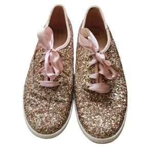 Keds For Kate Spade Womens Sneakers Rose Gold Leather Glitter Lace Up Size 8